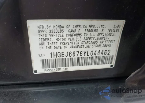 2000 Honda Civic Lx из США, поврежденный, VIN 1HGEJ6676YL044462